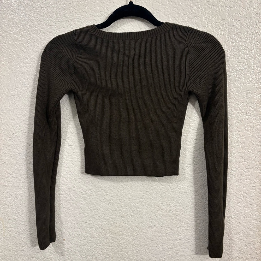 Express Ribbed Knit Cropped Sweater Top Women's XS Dark Forest Green Long Sleve - Picture 2 of 3